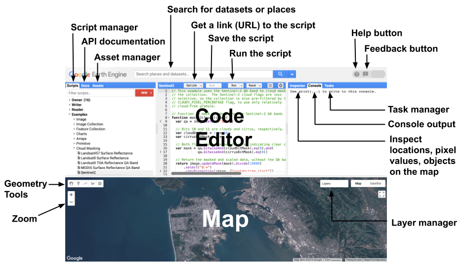 Une capture annotée de l'interface de google earth engine